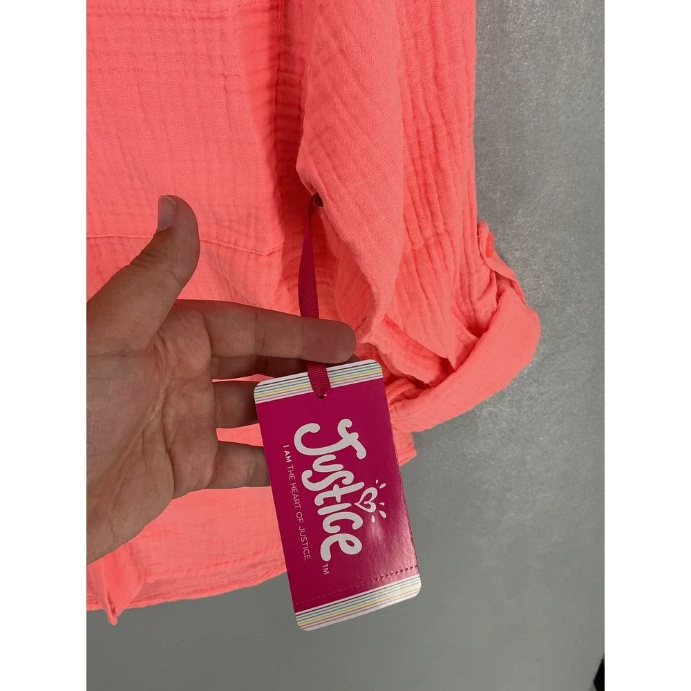 Justice Girls Beach Shirt Coral Cotton Gauze Roll Tab Button Up Size L 12/14